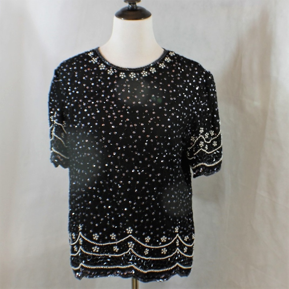 Laurence Kazar Beaded Navy, Silver & Pearl Top Med